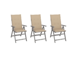 Vidaxl Cadeiras Jardim Reclináveis C/ Almofadões 3 Pcs Acácia Maciça