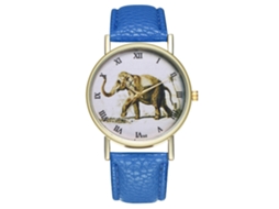 Relógio de quartzo com pulseira de couro PU, estampa de elefante e mostrador azul royal com numerais romanos.