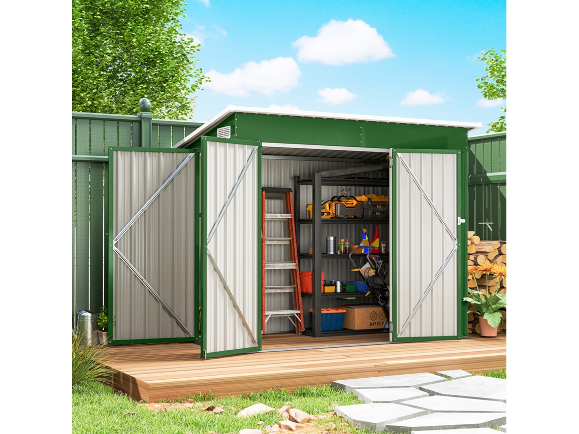 Abrigo de Jardim Exterior 2.7 M² 234x132x185 Cm com Três Portas Fechadura e Grelhas Ventilação Verde