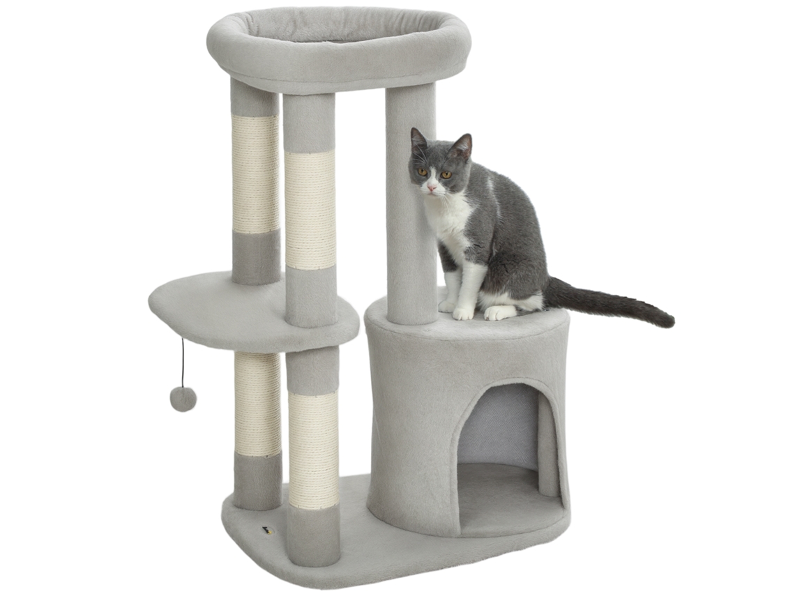 Árvore Para Gatos Com Arranhador, Plataforma, Esconderijo, Bola E Revestimento Em Tecido Macio, 60 X 45 X 90 Cm, Cinza Claro.