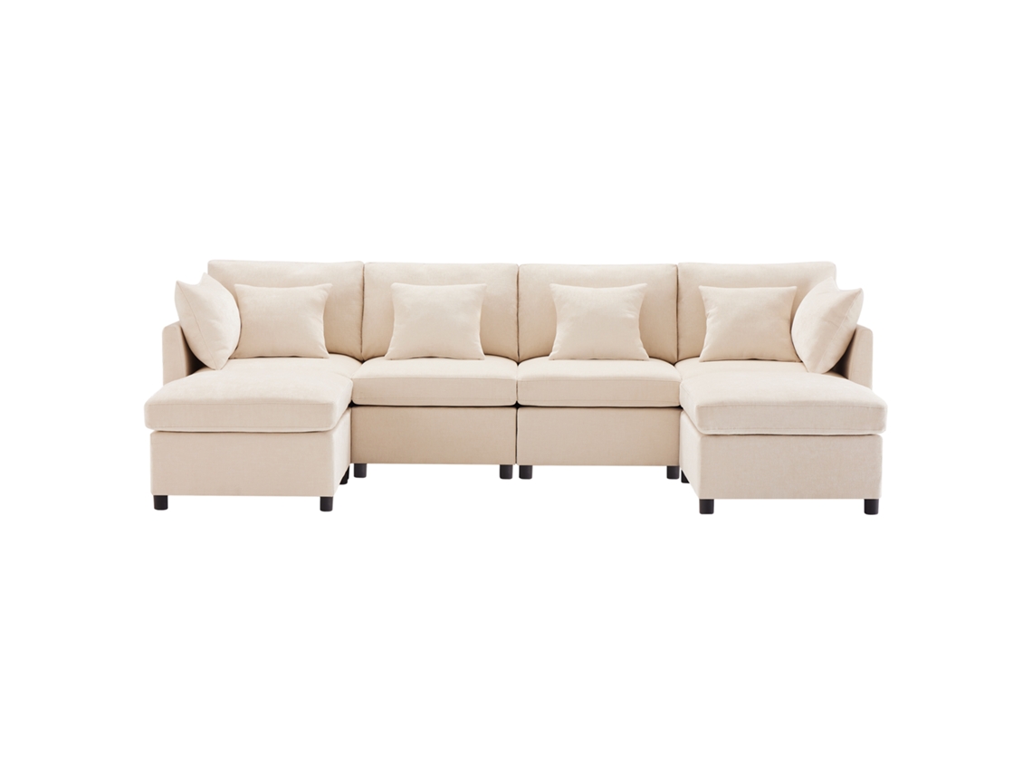 Sofá modular moderno transformável em UEL com 2 pufes e 6 almofadas em chenille para sala de estar e apartamento.
