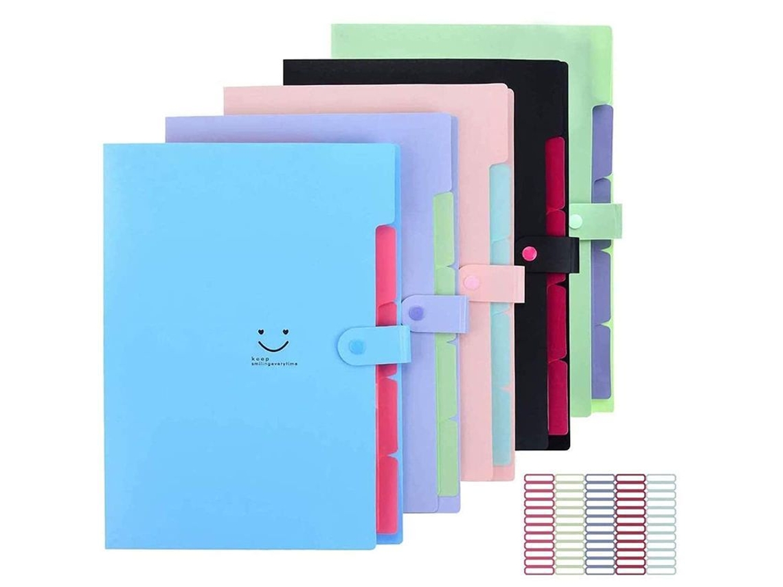 2026 5 Pastas Expandíveis com 5 Bolsos, Organizador de Documentos Accordion Tamanho A4 e Carta, Plástico Resistente