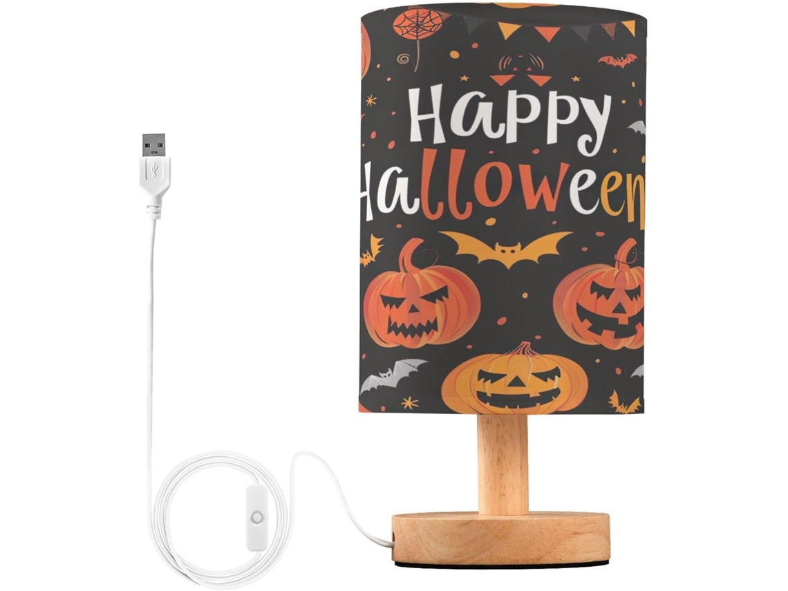 Luminária de mesa Skyshu LED em formato de cabeça de abóbora de Halloween, tamanho pequeno, com fonte de alimentação USB e base de madeira.