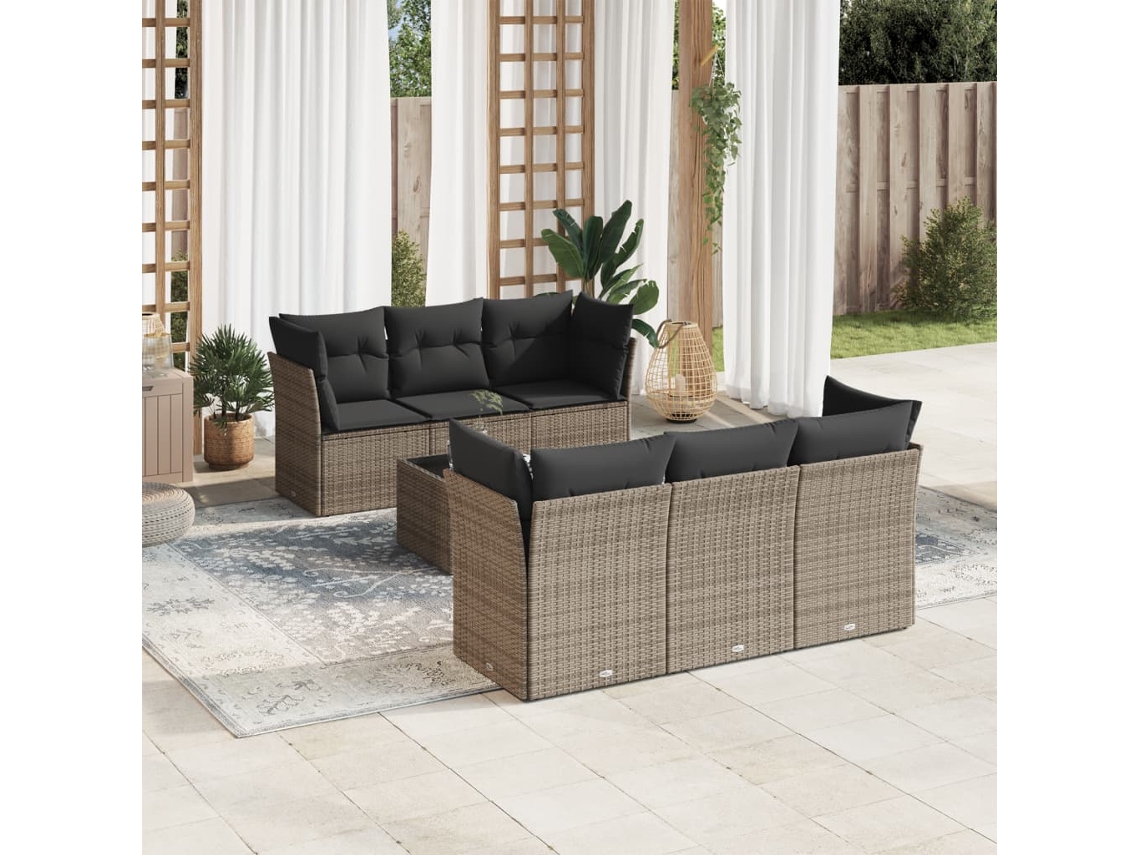 Jogo 7 Peças Sofás P/ Jardim C/ Almofadões Vime Pe Cinza Dkd Home Decor