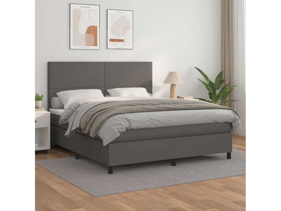 Vidaxl Cama Com Molas/colchão 160x200 Cm Couro Artificial Cinzento