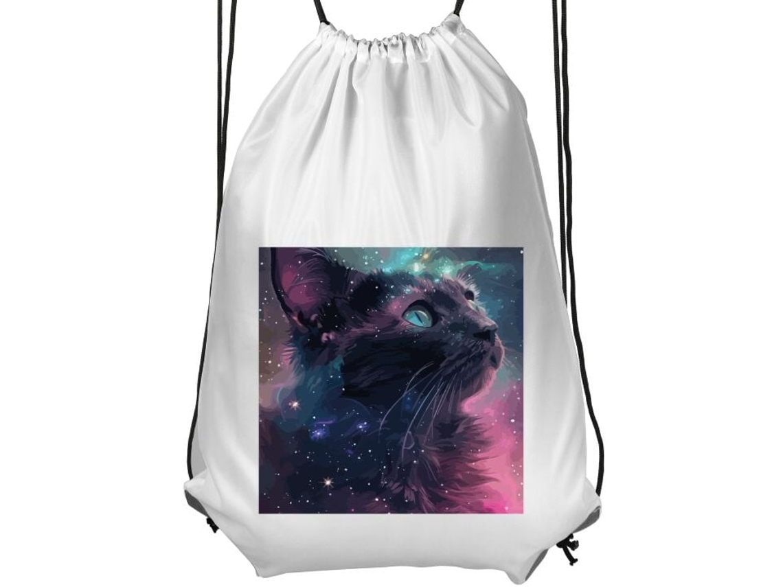 Mochila de Ginástica Infantil- Confortável e Prática, Branca, com Estampa do Gato na Galáxia BRILVIBERA
