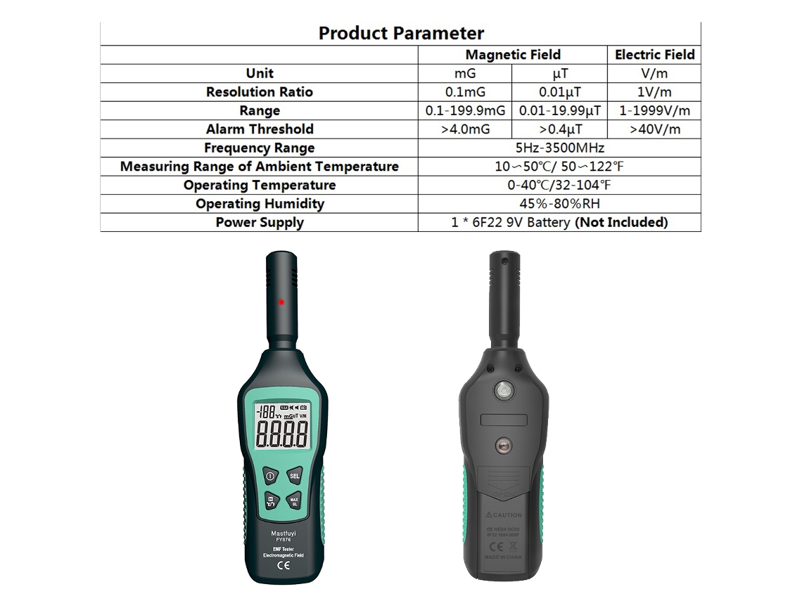 Medidor EMF FY876, detector de radiação eletromagnética portátil com LCD e lanterna