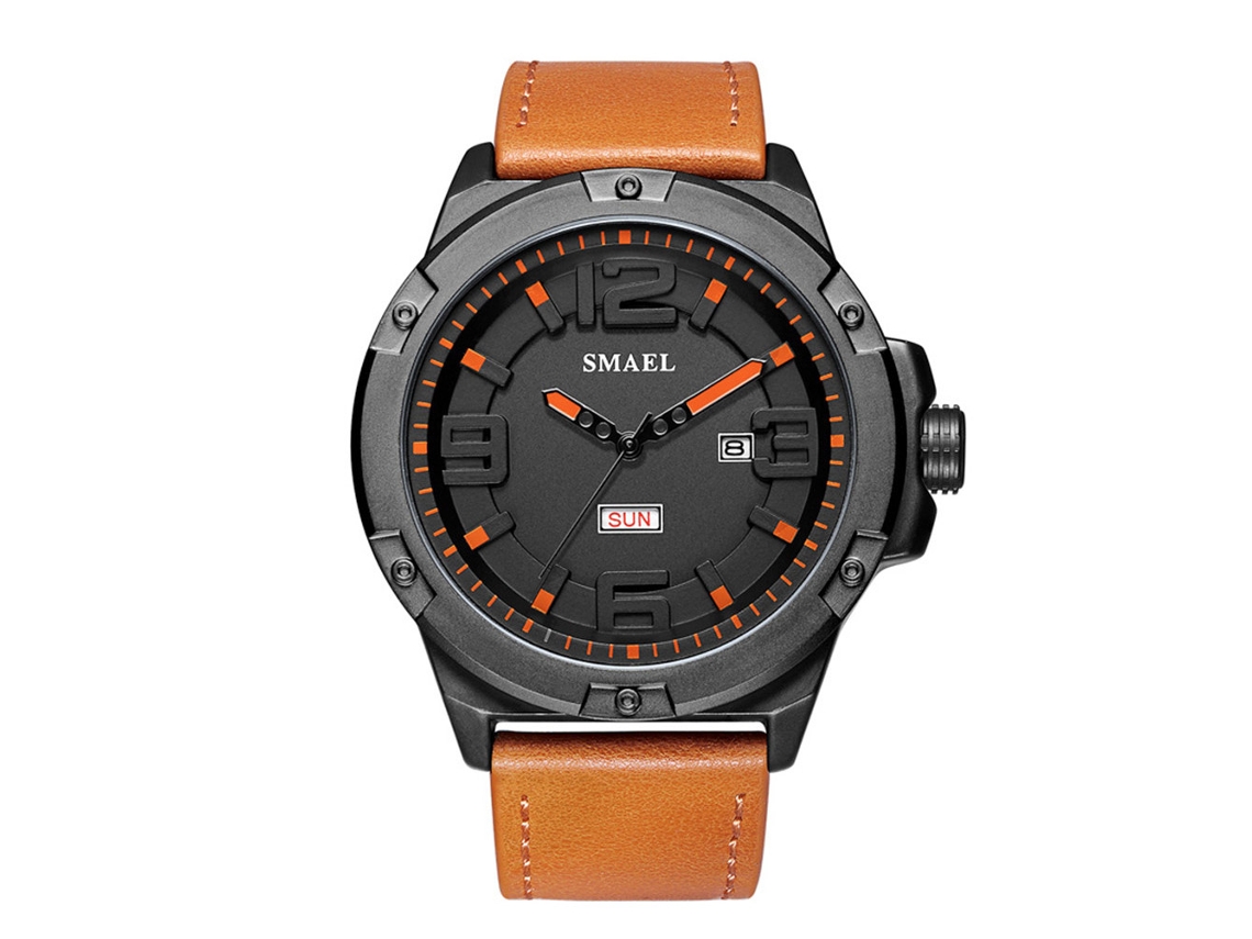 Reloj Hombre De Cuero Impermeable Con Calendario Y Cuerda De Cuero Naranja