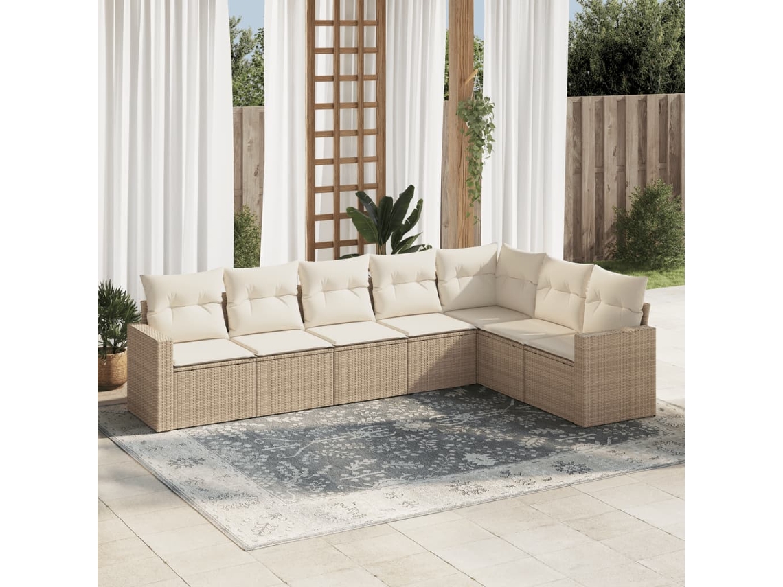 Vidaxl 7 Pcs Conjunto De Sofás P/ Jardim Com Almofadões Vime Pe Bege