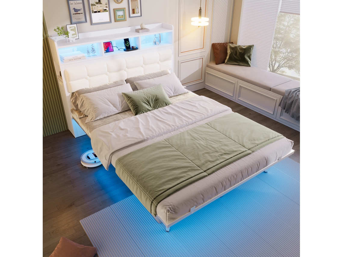 Cama De Casal 140x190cm: Base E Cabeceira Ripas, 2 Mesinhas Extensíveis. Armazenamento, Type-c/usb Carregamento. Led. Branco.-op