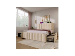 Cama 140x200cm Bege Com Cabeceira Dupla Acolchoada, 4 Gavetas, Faixas Douradas, Porta Usb C, Suporta Até 181kg . Hvorstur (com Colchão)