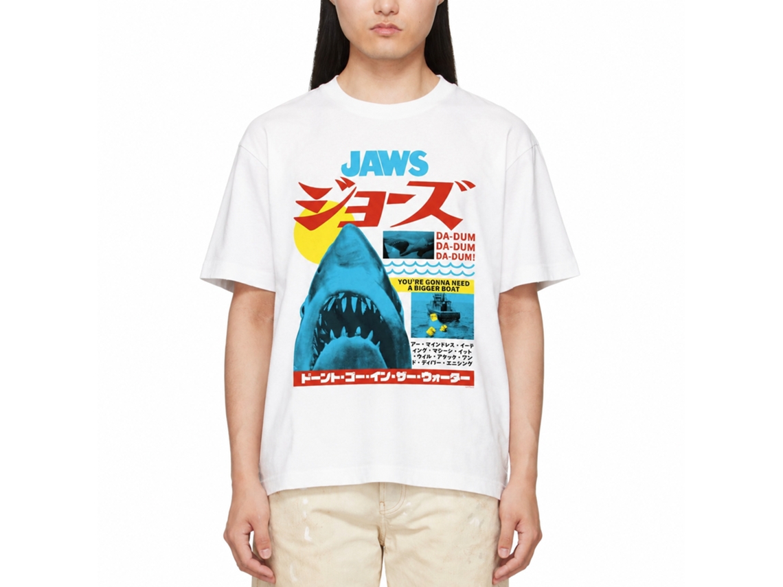 Rockinstone Jaws Movie Japanese Text White Adult T-shirt Size:xxl