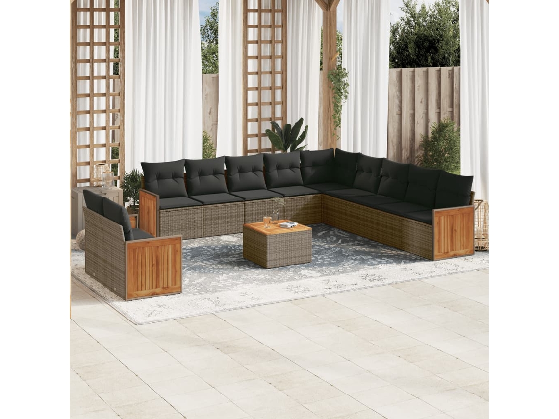 Vidaxl 12 Pcs Conjunto De Sofás Jardim C/ Almofadões Vime Pe Cinzento