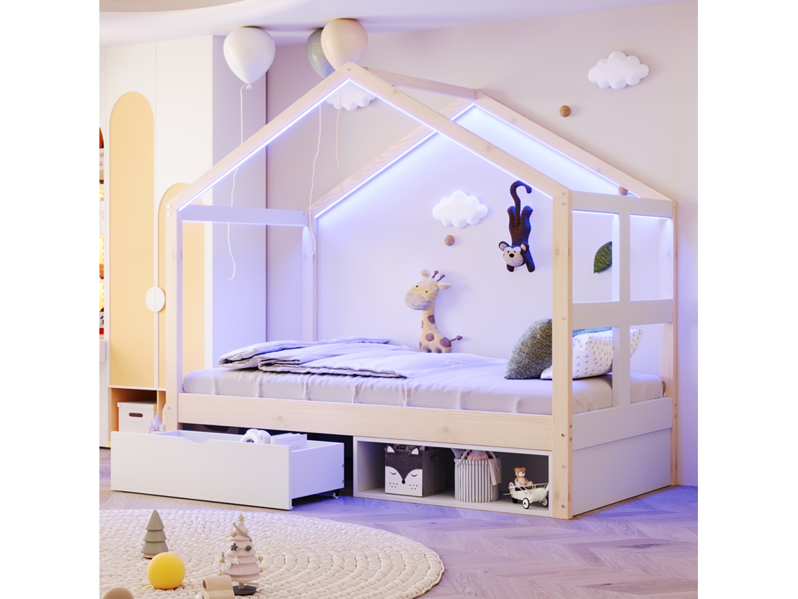 Cama De Madeira 90×190 Cm Com Gavetas Armário Sapatos Led Multicolorido Base Lamelas