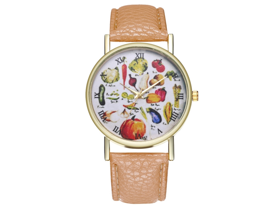 Relógio de quartzo unissex com pulseira de couro PU, mostrador moderno com estampa de frutas, estilo casual (bege)