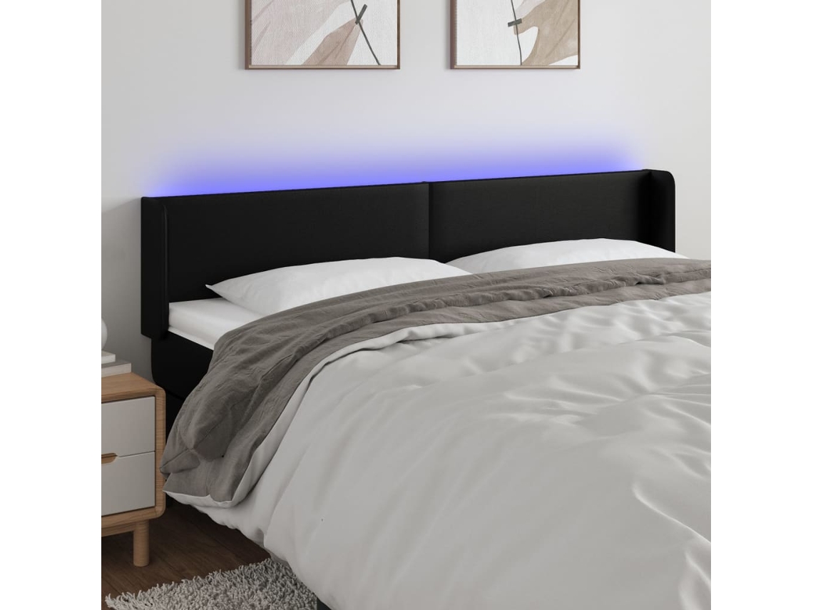 Vidaxl Cabeceira De Cama C/ Led Couro Artificial 183x16x78/88 Cm Preto