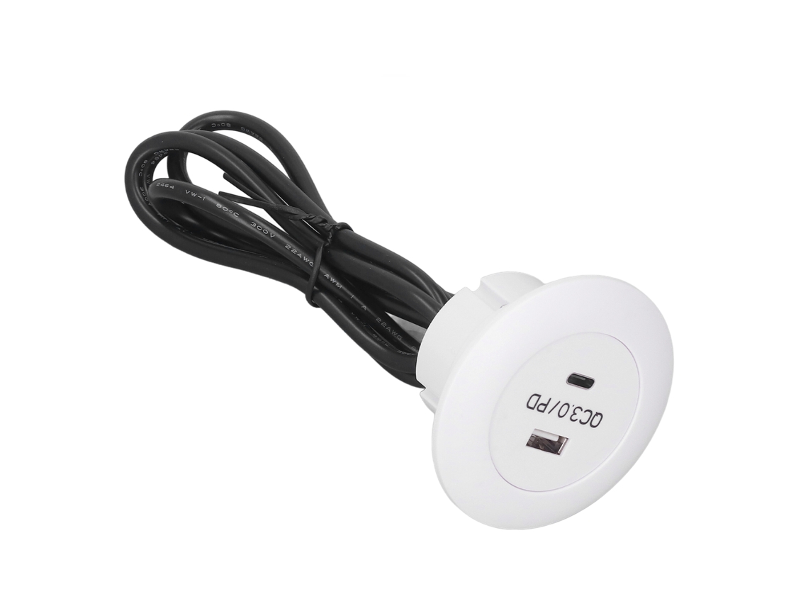 Porta de carregamento embutida redonda QC3.0 20W USB Type C para mesa sofá branco 12-30V