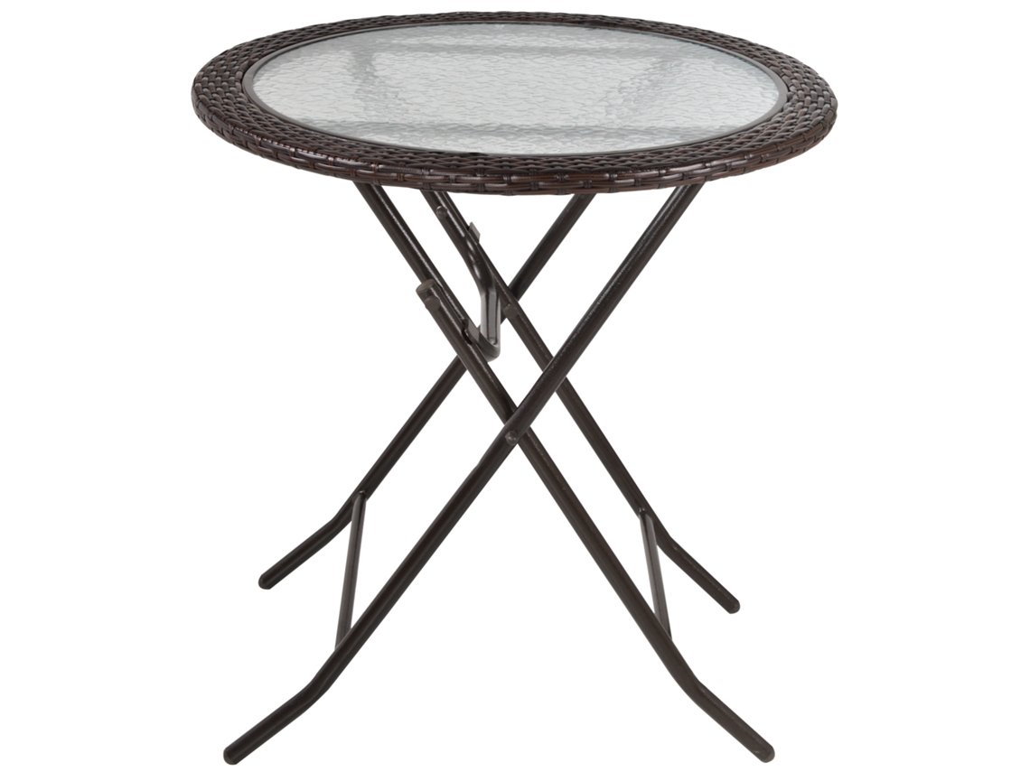 Mesa De Jardim Dobrável Com Tampo De Vidro Temperado, Estrutura De Aço E Decoração Em Rattan, Na Cor Marrom, 68 X 68 X 73 Cm Btforus