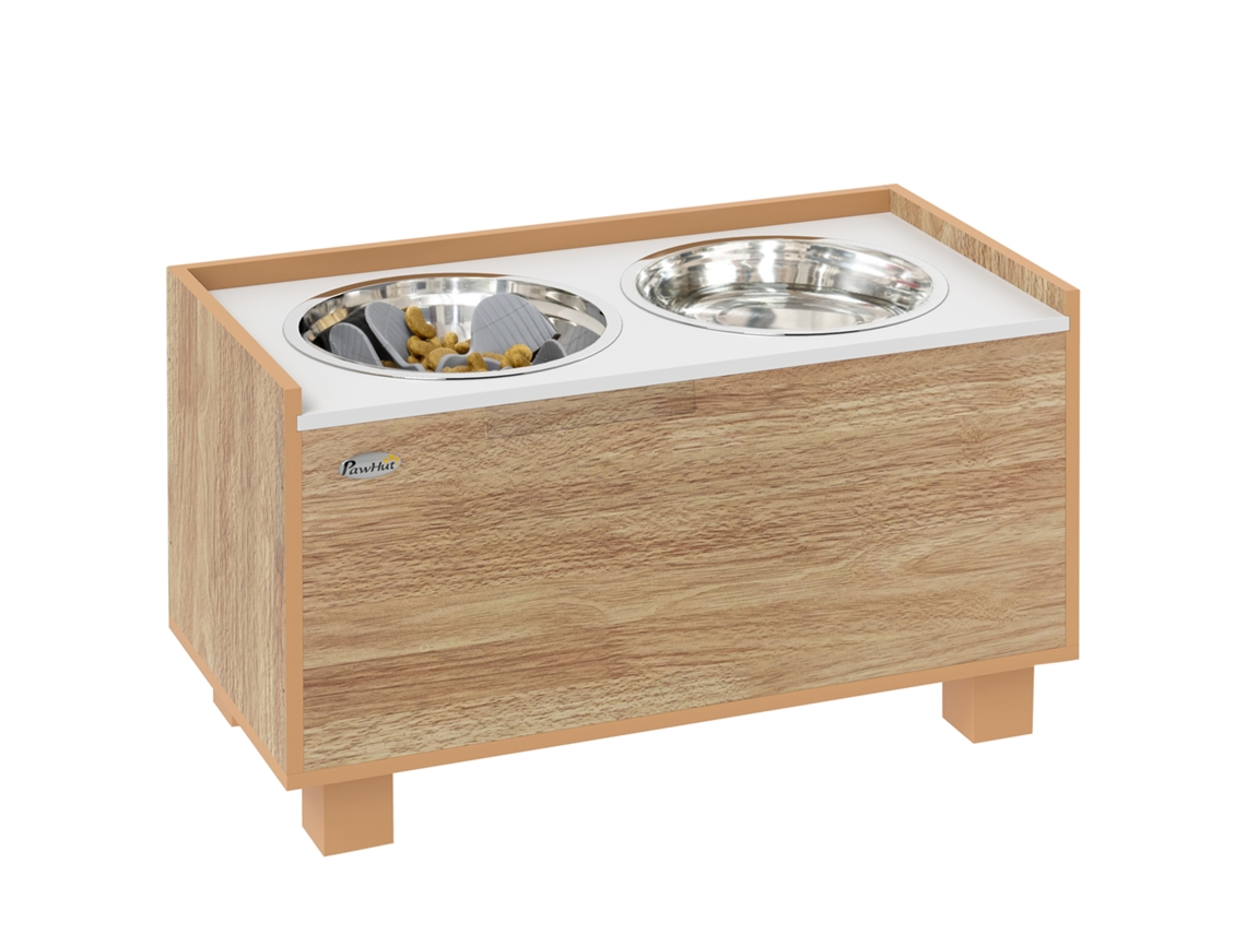 Comedouro elevado para cães com tigelas removíveis de aço inox e suporte de madeira para beber | S/MARCA