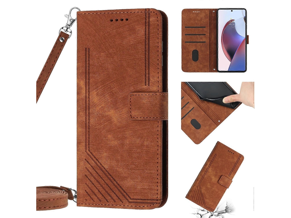 Capa De Couro Com Estampa Listrada E Toque Suave Para Motorola Moto G 5g 2023 Com Cordão.