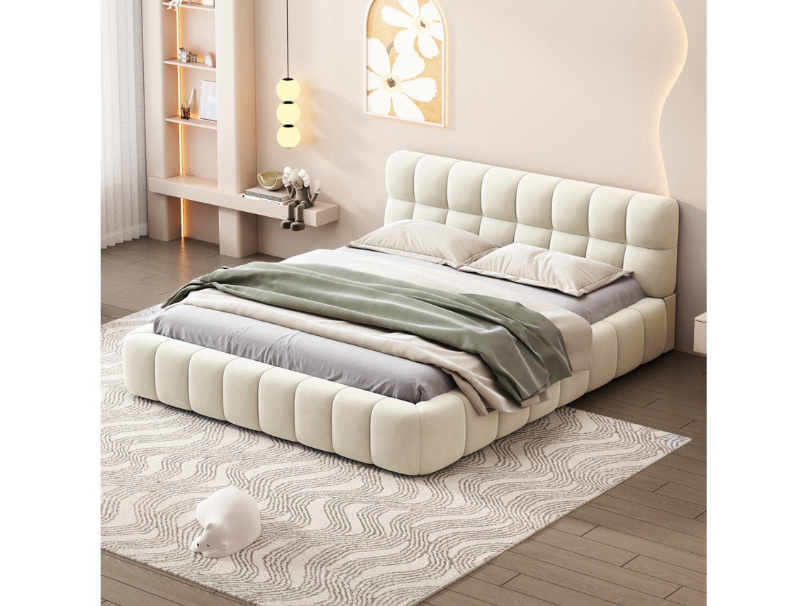 Cama De Casal Estofada 140x190 Cm, Cama Juvenil Com Estrado De Ripas, Tecido De Linho Bege, Sem Colchão