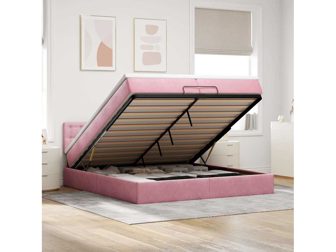 Moldura De Cama Otomana Com Colchão Rosa 200x200cm Veludo