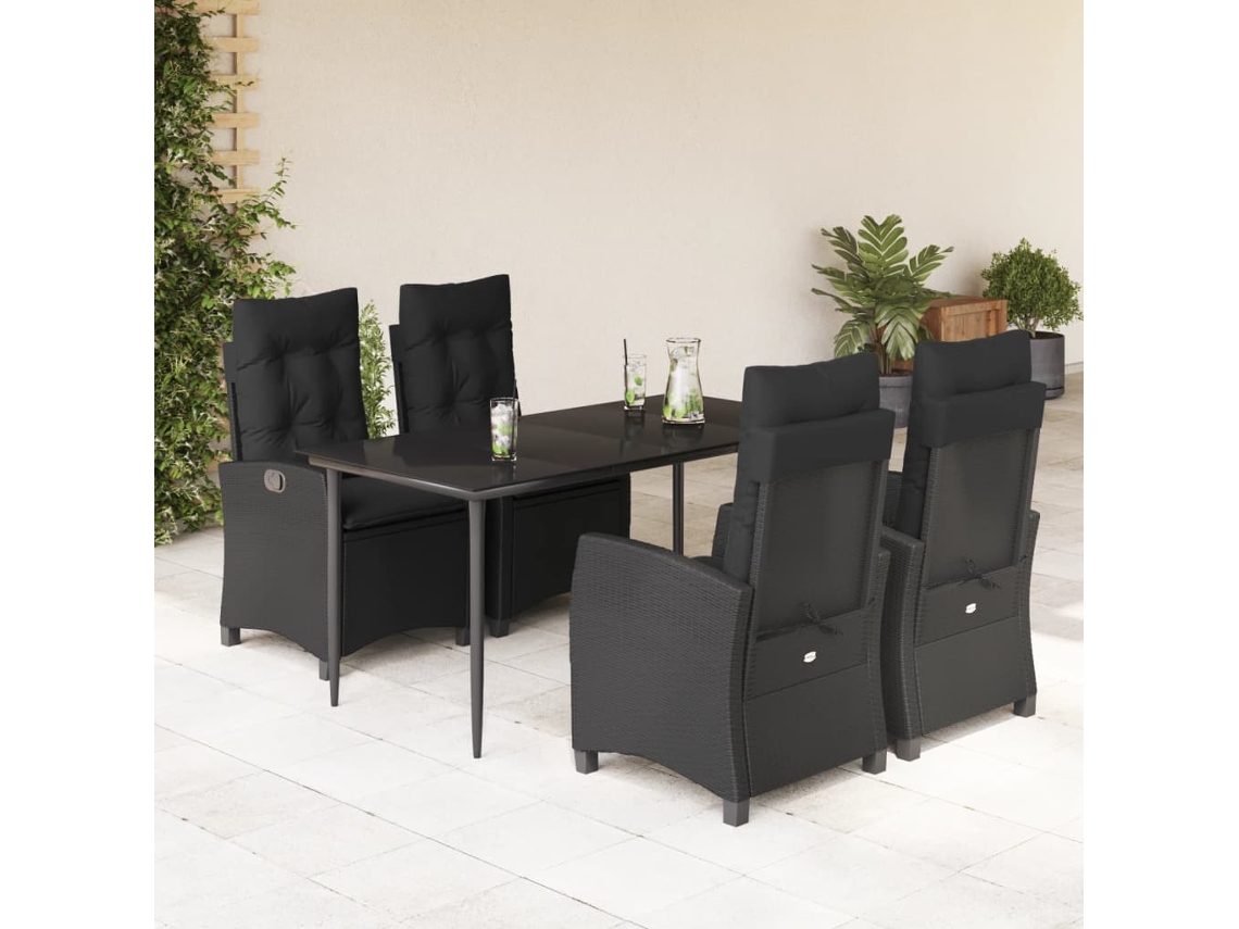 Vidaxl 5 Pcs Conjunto De Jantar P/ Jardim C/ Almofadões Vime Pe Preto