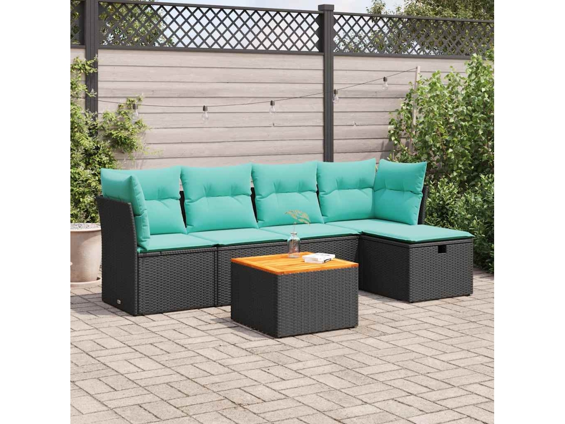 Vidaxl 6 Pcs Conjunto Sofás De Jardim C/ Almofadões Vime Pe Preto