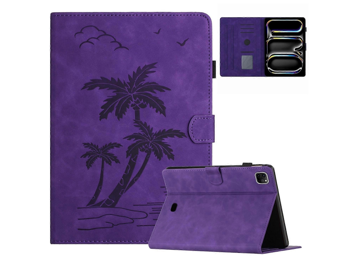 Capa Hengrongshen para iPad Pro 11 com compartimentos para cartões, couro sintético, formato de coqueiro, roxa (2024)