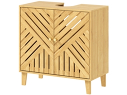 Móvel Para Lavatório Pousar Em Bambu Com Portas Ripadas Armário De Casa De Banho Para Sem Pedestal 60x30x60 Cm Madeira