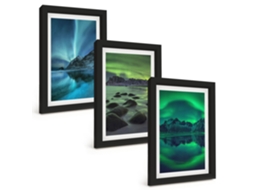 Pinturas Murais Modernaspaisagem De Inverno, Aurora Boreal, Montanha Moldura Preta Pinturas De Quarto Espelharte (3 Peças 20x30 Cm)