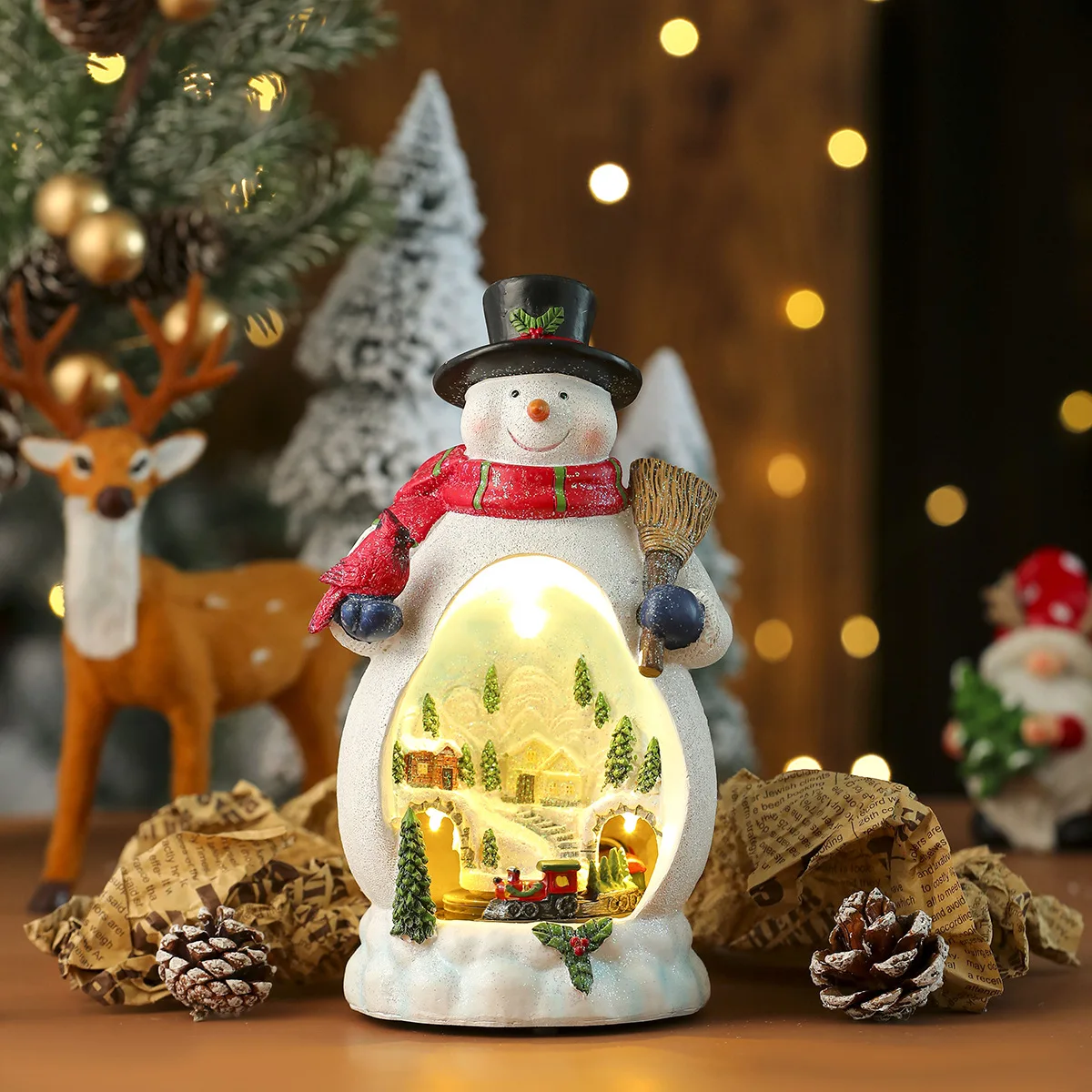 Caixa de Música Decorativa Giratória de Natal em Resina com Luzes Led Multifuncional e Requintada MDUG (boneco de Neve)