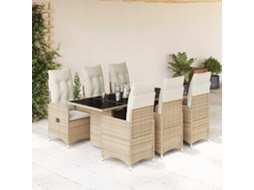 Conjunto 7 Peças Bistrô Para Jardim C/ Almofadões Vime Pe Bege Dkd Home Decor