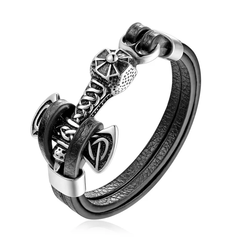 Pulseira Masculina em Couro Genuíno com Pingente de Âncora e Fecho em Aço Inoxidável. MDUG