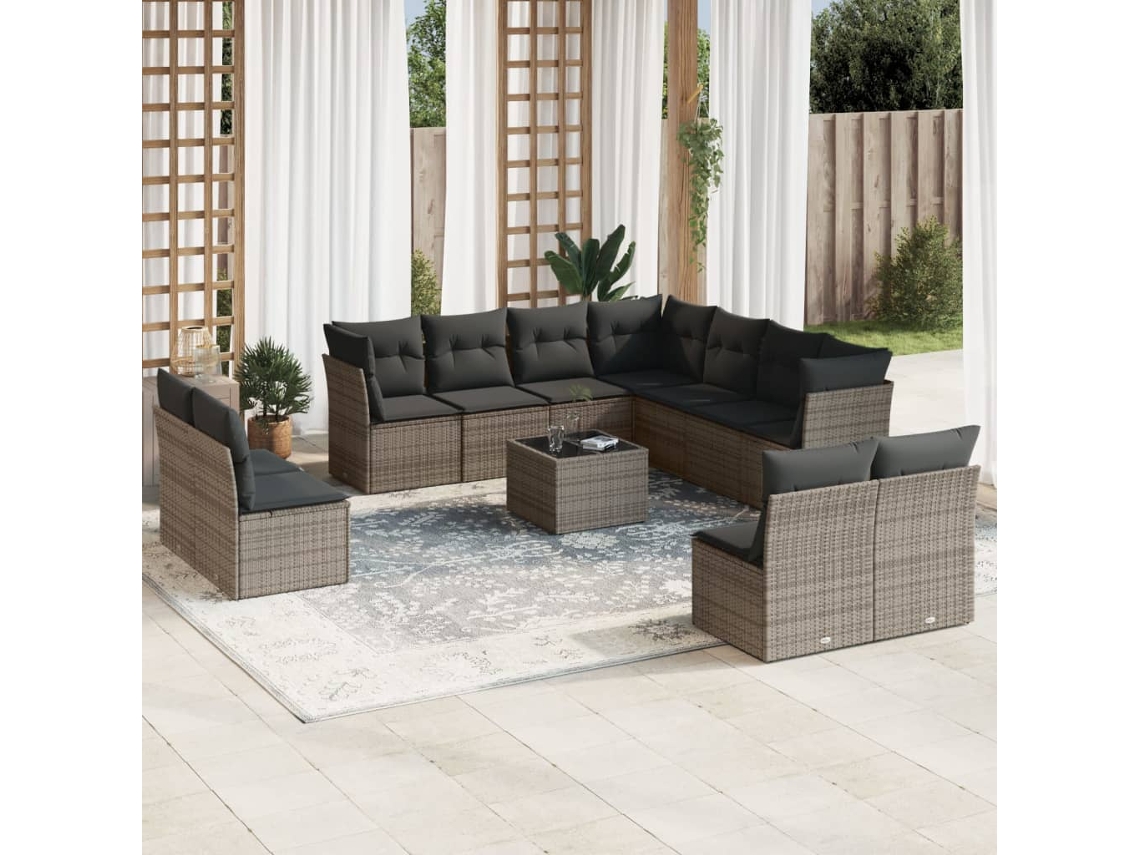 Vidaxl 12 Pcs Conjunto De Sofás Jardim C/ Almofadões Vime Pe Cinzento