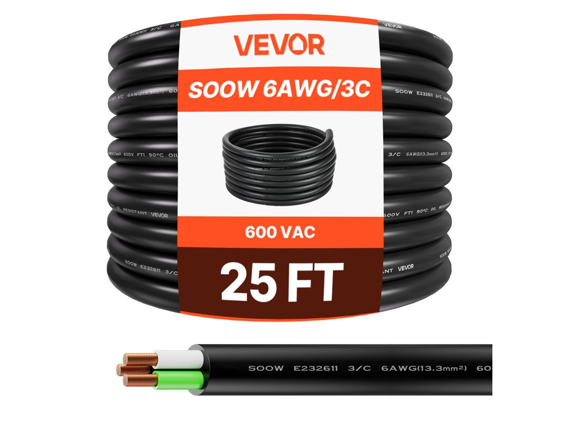 Cabo De Extensão De Alimentação Elétrica Vevor 7,62 M 6 Awg 3 Condutores