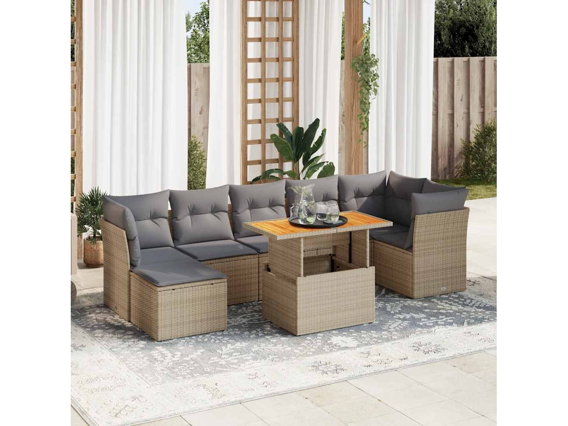 Vidaxl 8 Pcs Conjunto De Sofás P/ Jardim Com Almofadões Vime Pe Bege