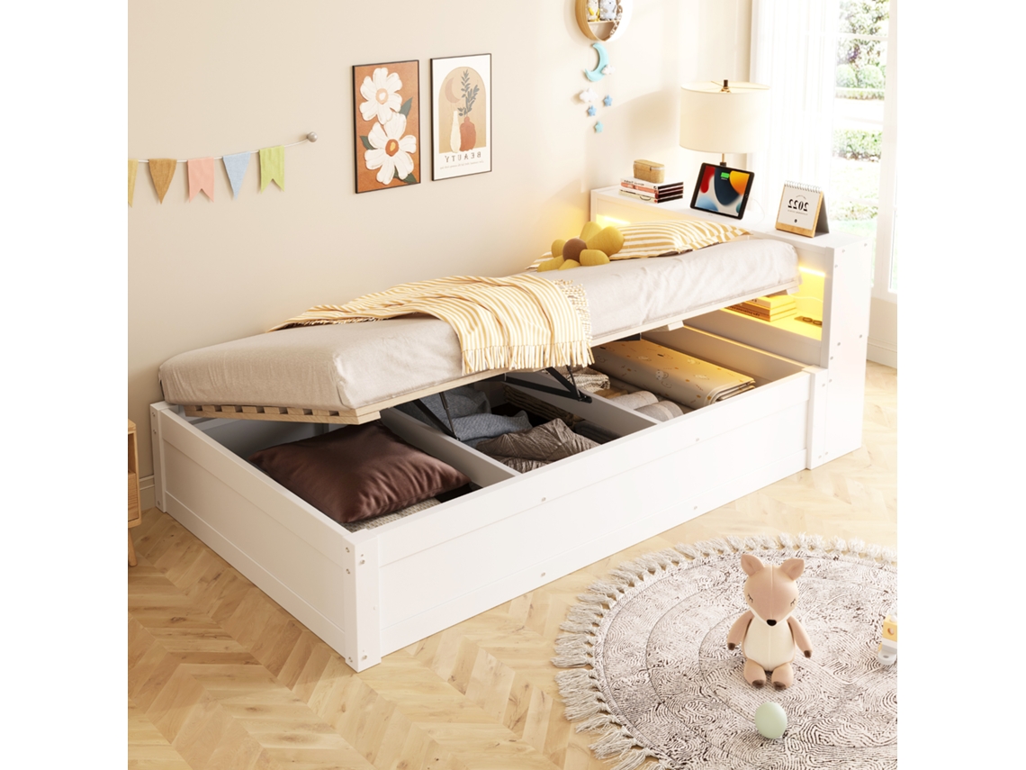 Sofá cama 90x200 Cm Tomada Eu, Arrumação, Led Multicolor, Hidráulico, Madeira Maciça, Multifuncional Branco NOVELA