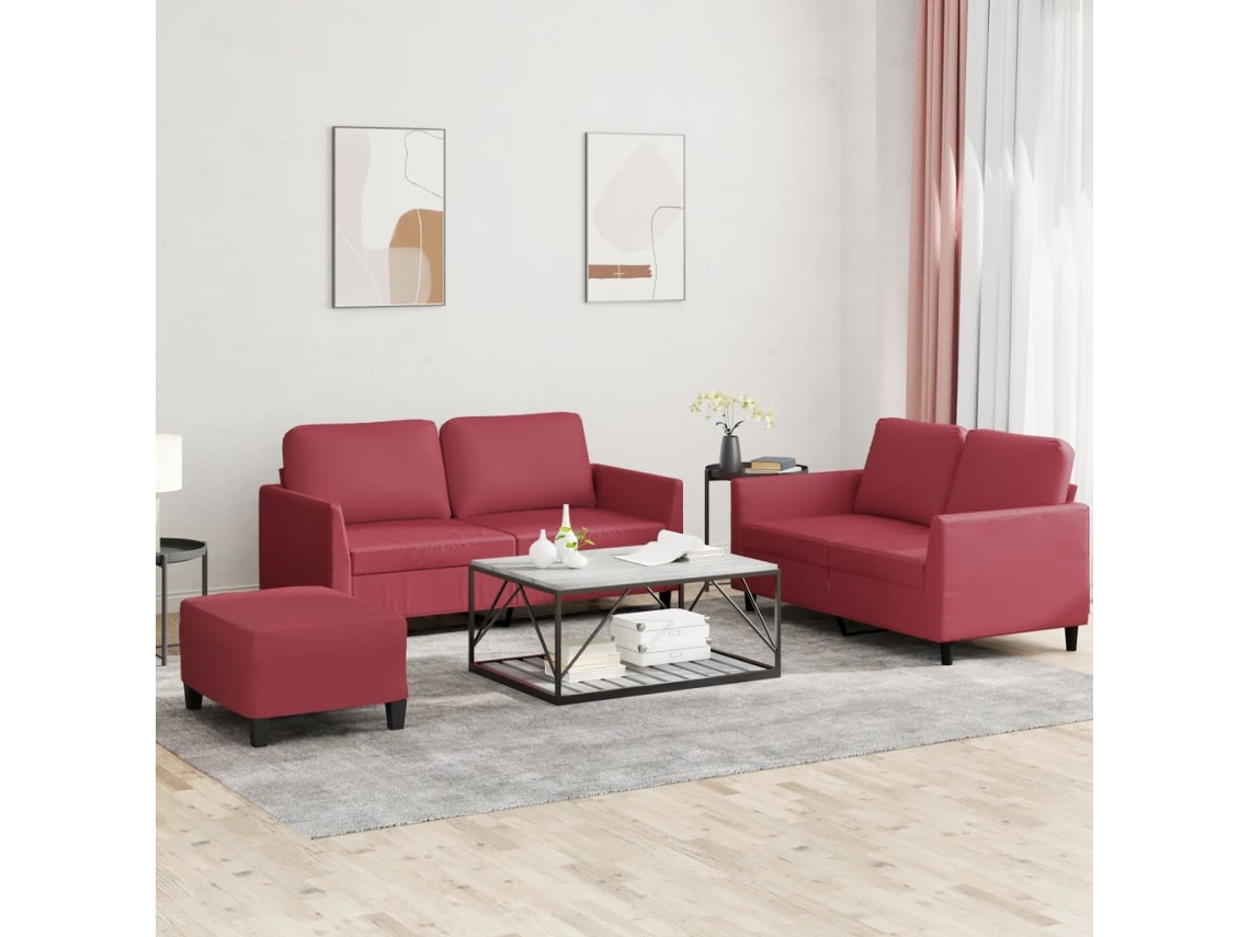 Vidaxl 3 Pcs Conjunto Sofás C/ Almofadões Couro Artif. Vermelho Tinto
