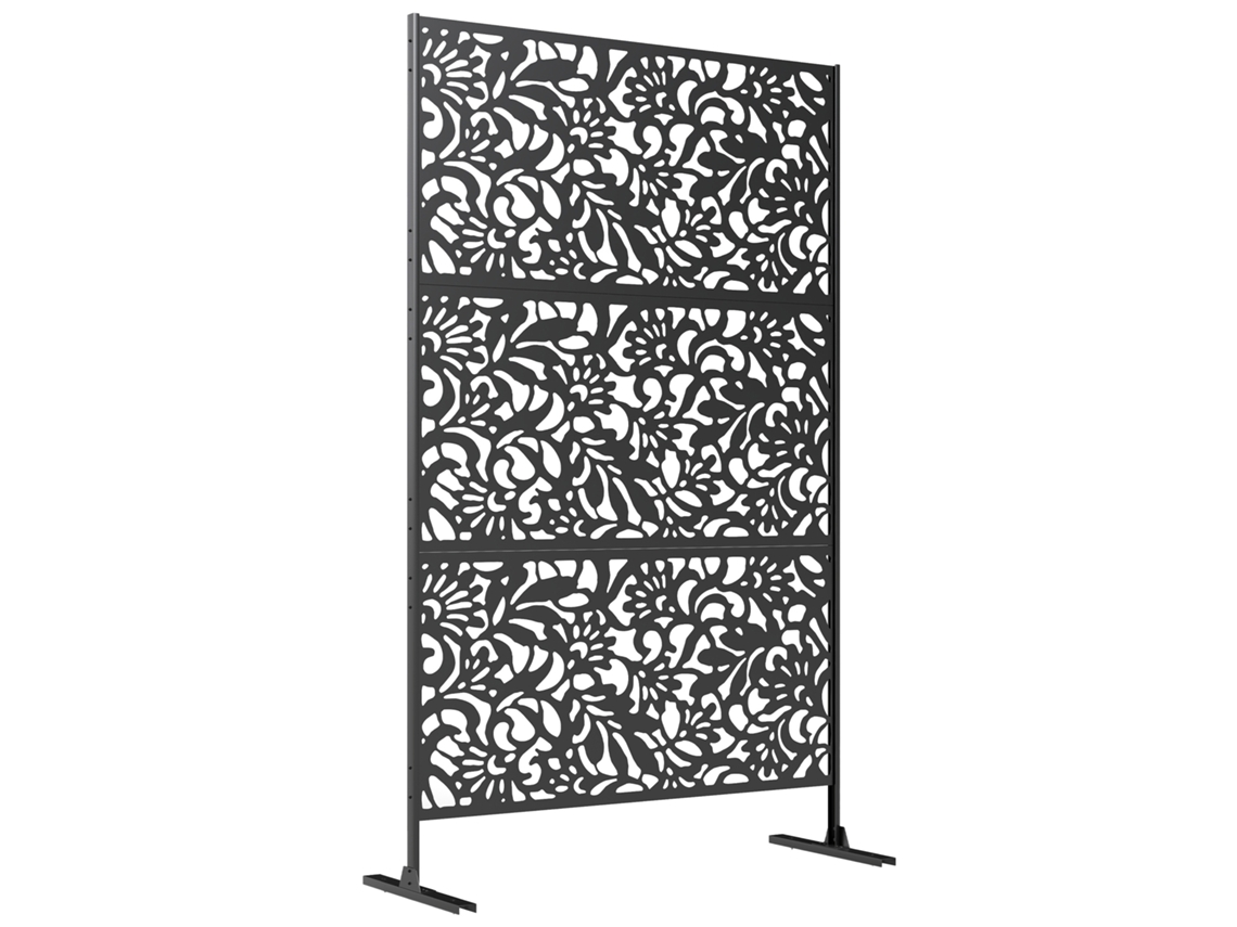 Painel De Privacidade Decorativo Exterior, Claustra Decorativa De Jardim, 3 Painéis Com Motivo Floral Em Aço, 122x45x198 Cm, Preto