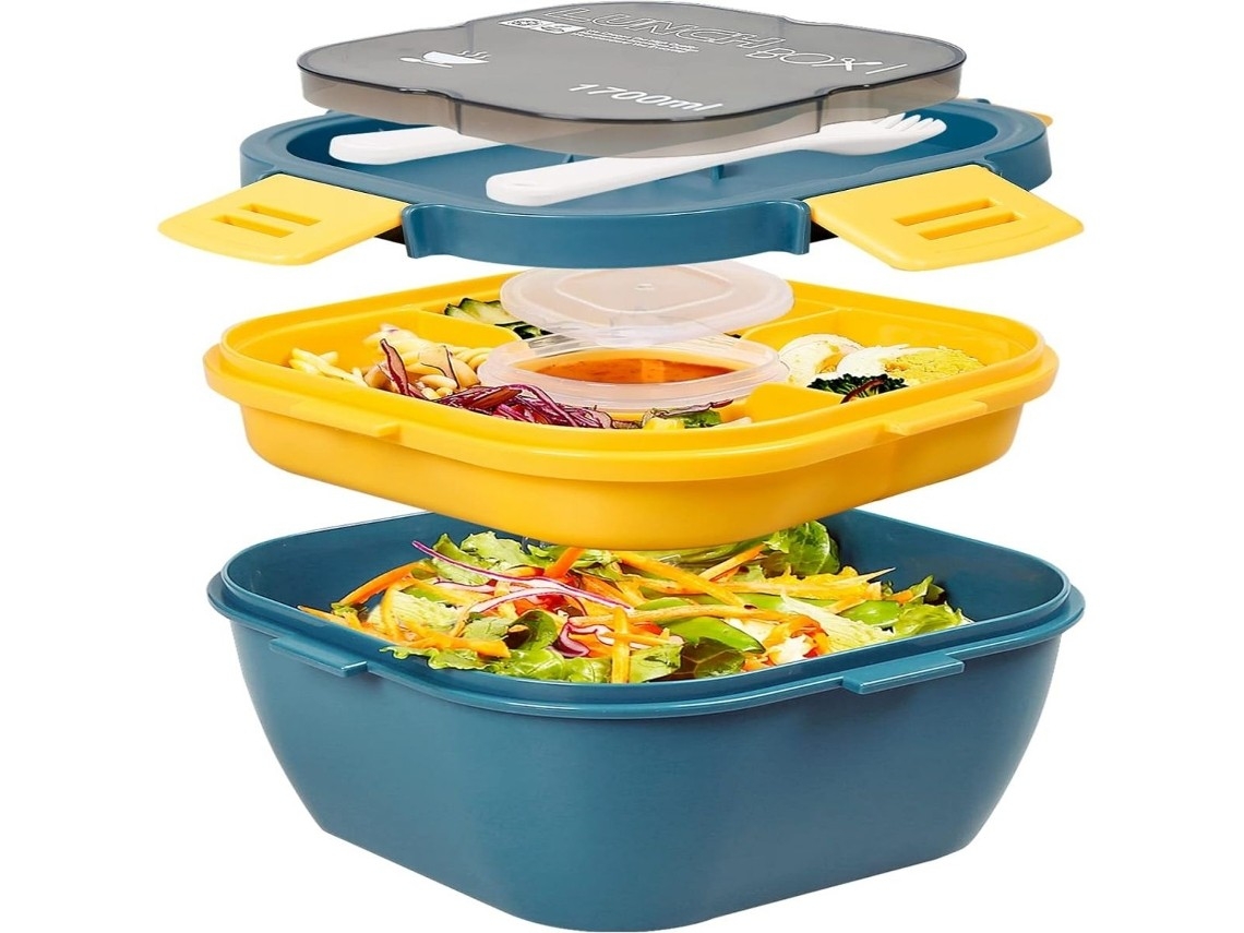 Versatile 4 Compartment Salad Lunch Box, Freshness Guaranteed, Leak-proof, Multifunctional, Blue (1700ml)