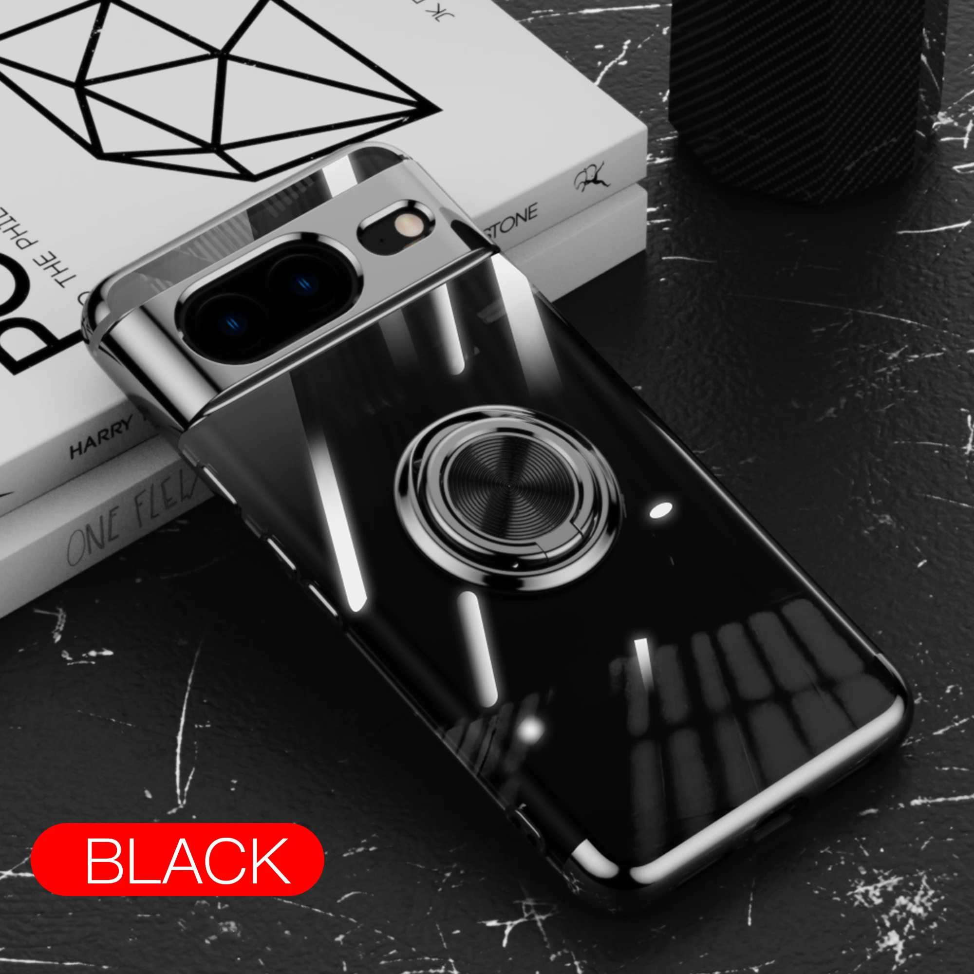(preto, Google Pixel 8 Pro) Capa Transparente Ultrafina Com Revestimento Eletroplástico E Suporte De Anel De Metal Resistente A Impactos.