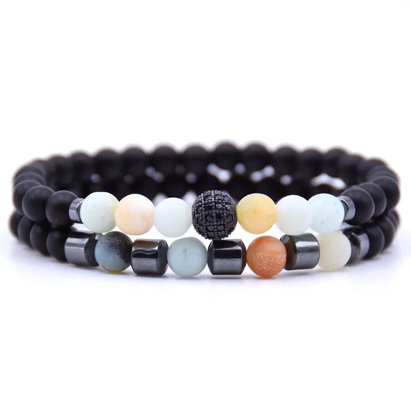 Pulseira Masculina Com Contas De Zircônia Preta Cravejadas Em Pavé, Com 6 Mm De Diâmetro, E Contas De Hematita.