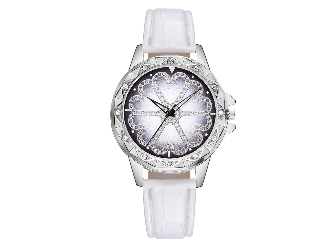 Relógio de Pulso Feminino Vansvar Prata Flor Strass Cinta Pu Quartzo Branco
