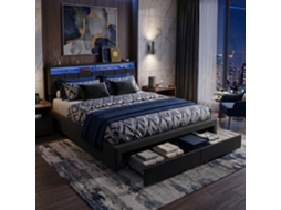 Cama de Casal em Linho com Led Inteligente e Máxima Arrumação, Cinza, 180x200 Cm LAZYSPACE