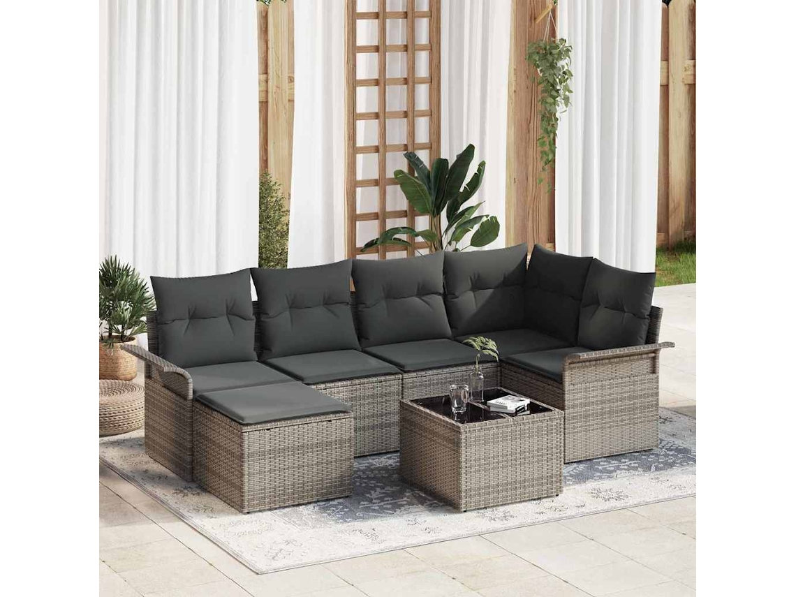 Vidaxl Conjunto De Sofá De Jardim 7 Unid. Cinzeto Vime Pe