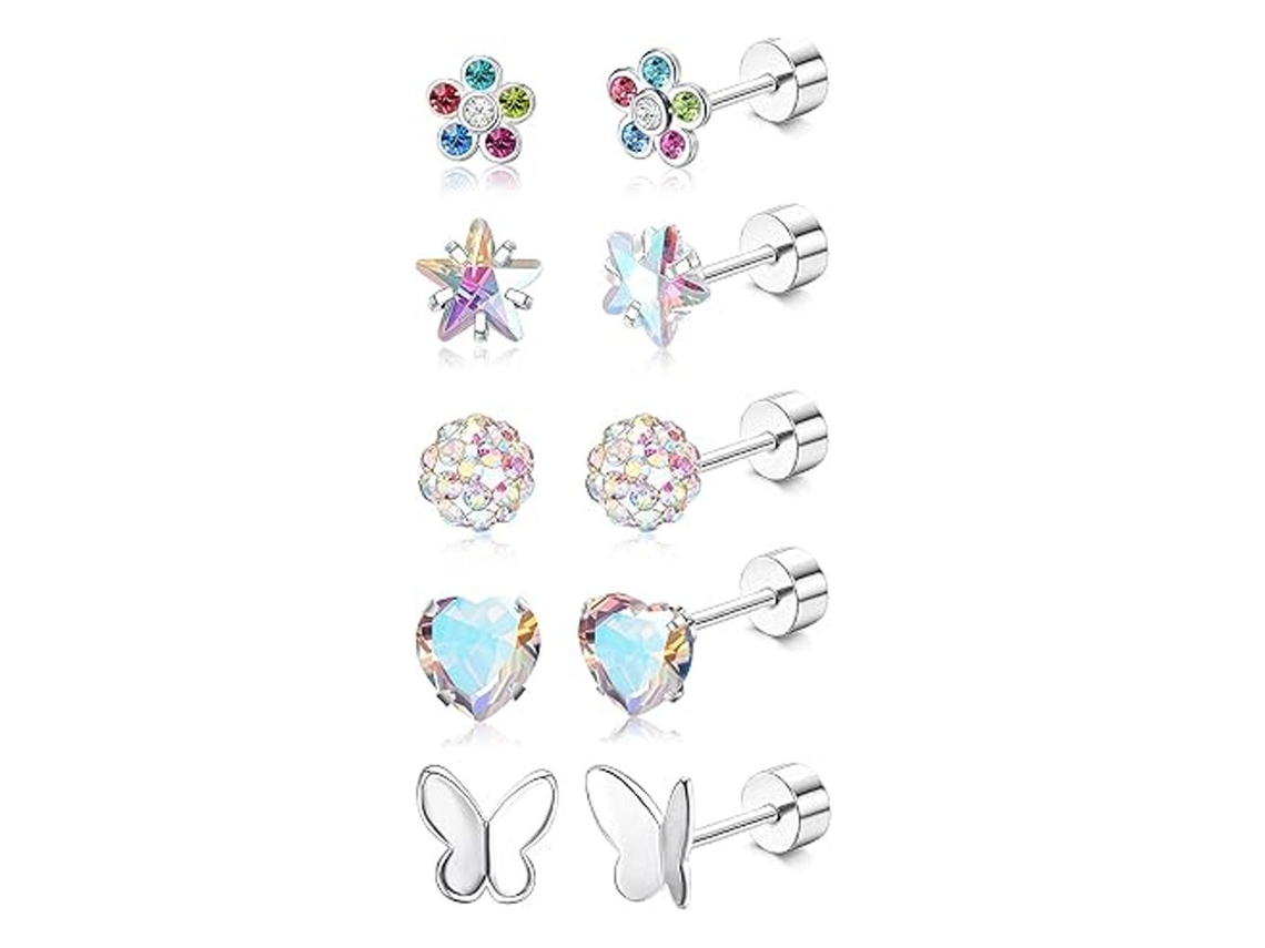 Brincos, 5 Pares De Brincos De Aço Inoxidáve Com Zircônias Coloridas Spqment