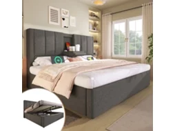 Cama Casal 160x200 Cm Com Compartimento Suporte Copos E Carregamento Cinza