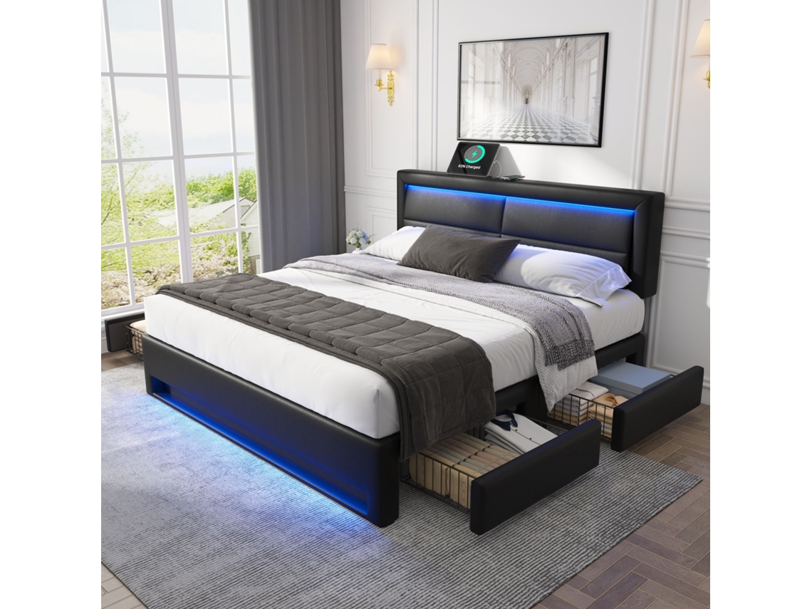 Capitonné Iluminado 140 X 190 Cm Com Porta Usb , Com Éclairage Led (sem Colchão) Liptaptyn (prend En Charge Le Chargement Sans Fil Et Filaire)