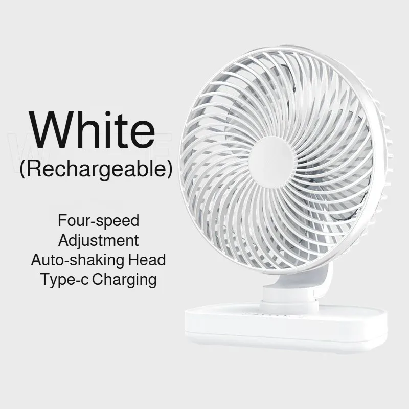 (Branco) Ventilador de mesa portátil, 4 velocidades, design silencioso, carregamento USB.